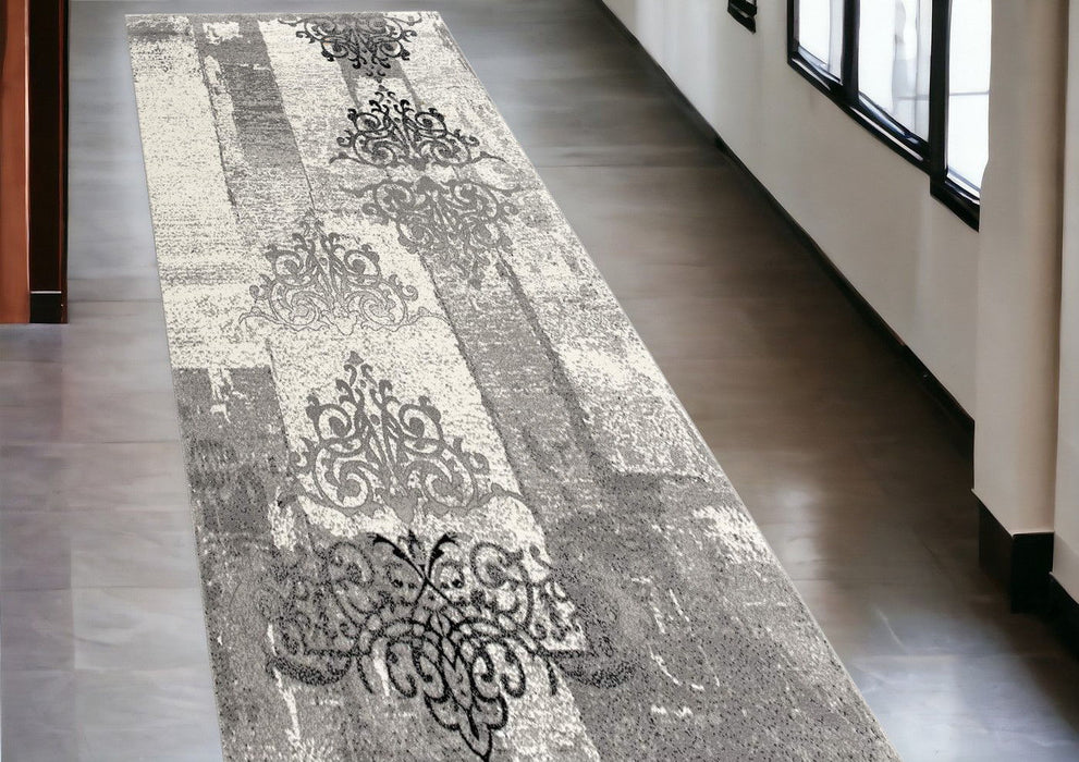15' Damask Dhurrie Runner Rug - Gray