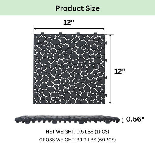 Interlocking Deck Tiles Plastic Waterproof Outdoor All Weather Anti-Slip Bathroom Shower Balcony Porch Strong Weight Capacity Upto 440 Lbs, Pebble Stone Pattern Daily Nest