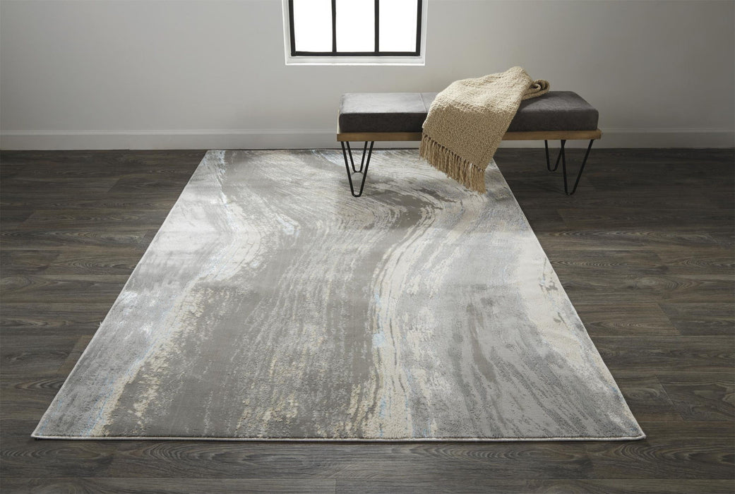 Abstract Area Rug - Gray Ivory And Blue - 12' X 18'