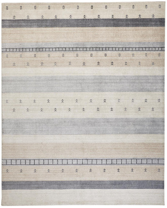 Striped Hand Knotted Stain Resistant Area Rug - Ivory Tan And Gray Wool - 8' X 10'