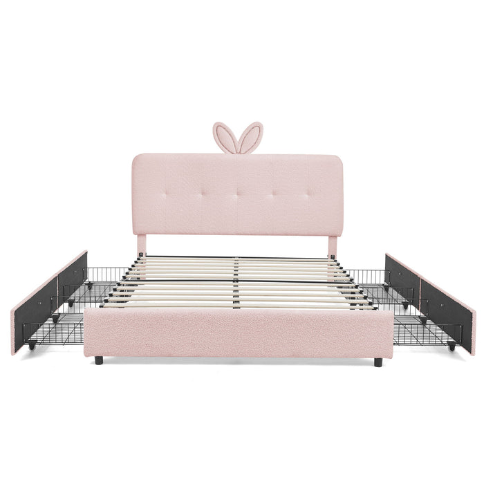 Upholstered Bed With Oversized Rabbit Ear Headboard, LED Lights & 4 Storage Drawers Home Essentials