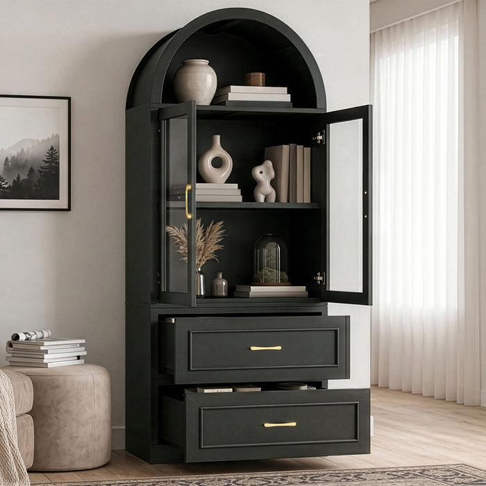 Arched Top Storage Cabinet With Fixed 2 Tier Shelves, 2 Large Drawers Noble House