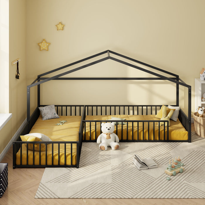 L-Shaped Montessori Bed For 2 Kids With Partitioned Fence Hearth and Haven