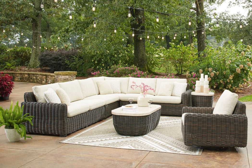 Kimora - 7 Pc. - 4-Piece Outdoor Sectional, Swivel Glider Lounge, Cocktail Table, End Table - Beige / Dark Brown Signature Design by Ashley®