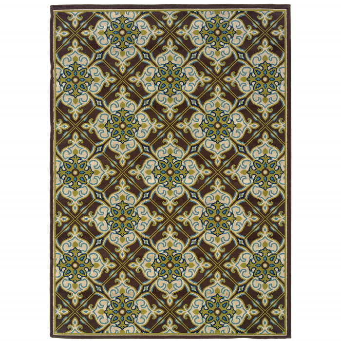 8' X 11' Floral Stain Resistant Indoor / Outdoor Area Rug - Brown / Ivory