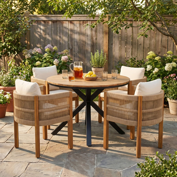 5 Piece Outdoor Dining Set With Round Table And 4 Wrapped Chairs - Black / Brown / Teak Noble House