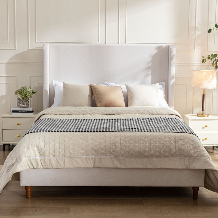 Hayden - King Size Upholstered Wingback Bed With And Tall 54" Headboard - Ivory House & Home Furniture