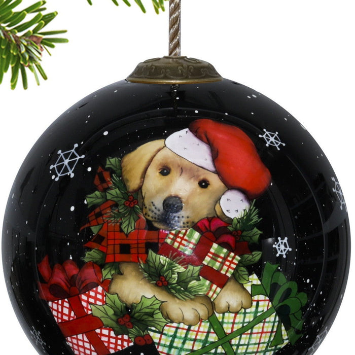Christmas Puppy With Presents Hand Painted Mouth Blown Glass Ornament