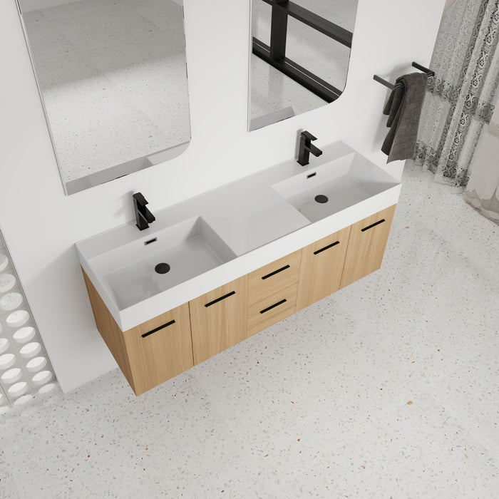 Floating Double Sink Bathroom Vanity With Drawers And Doors, Extra Large Storage, Integrated Sink, Soft Close Hardware - Glossy White / Light Oak Home Essentials