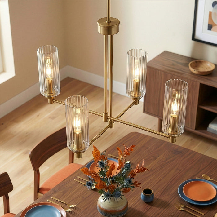 Enigma - 4 Lights Chandelier With Clear Ribbed Satin - Antique Brass / Clear / Gold Ashcroft Furniture