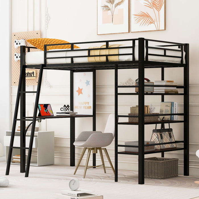 Loft Metal Bed With 3 Layers Of Shelves And Desk, Stylish Metal Frame Bed With board