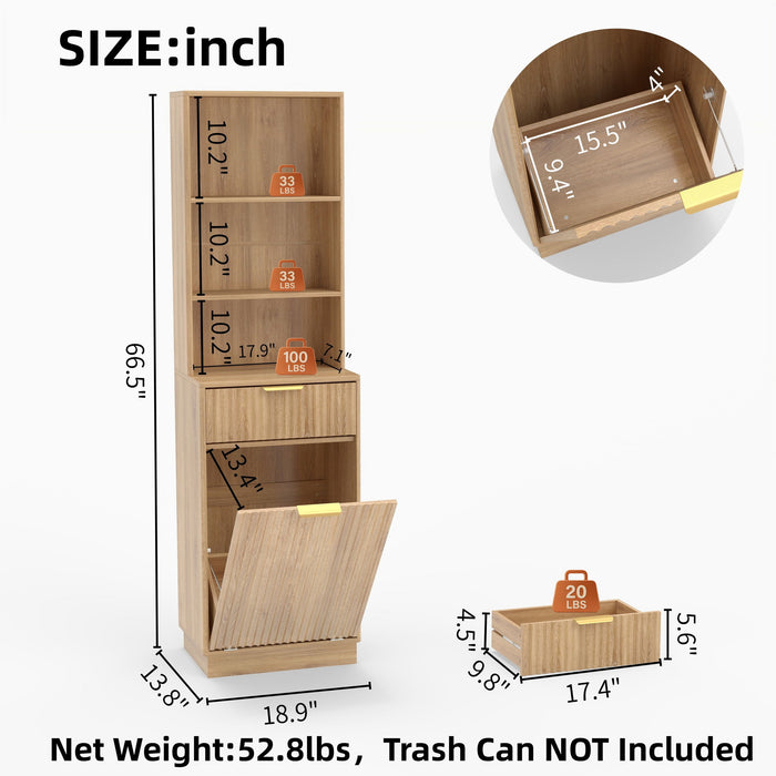 Tall Narrow Fluted Storage Cabinet With Trash Bin Compartment For Kitchen (Trash Can Not Included) Home Essentials
