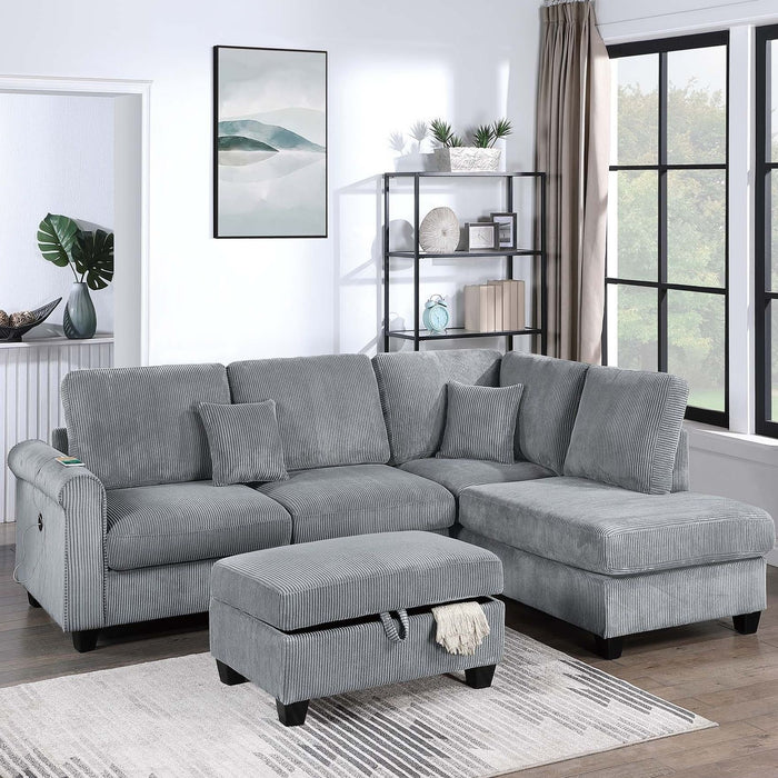 Contemporary Sectional Set With Right Arm Chaise, Left Arm Sofa With USB Port, Storage Ottoman Home Essentials