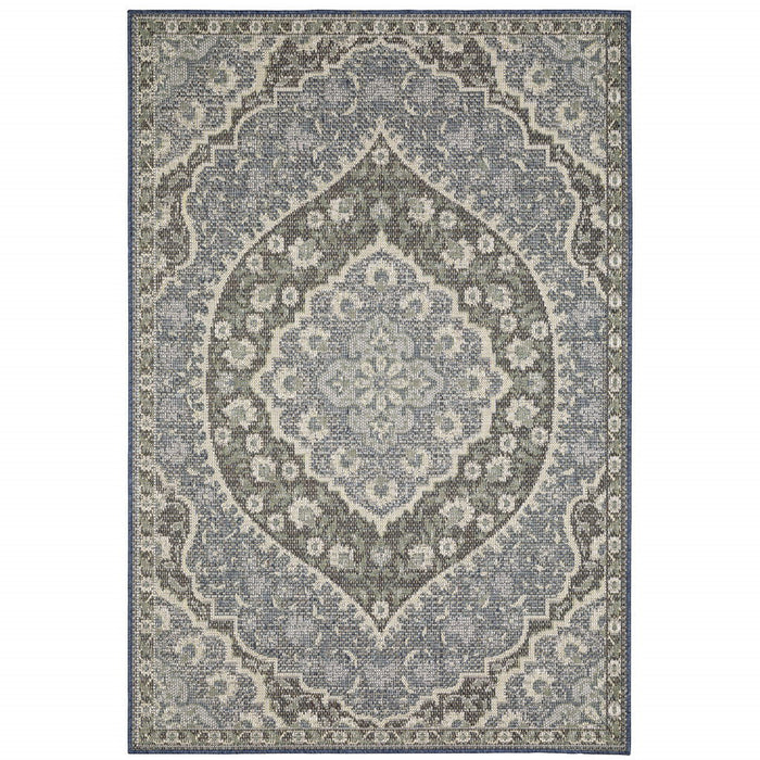 10' X 13' Oriental Stain Resistant Indoor / Outdoor Area Rug - Blue / Green