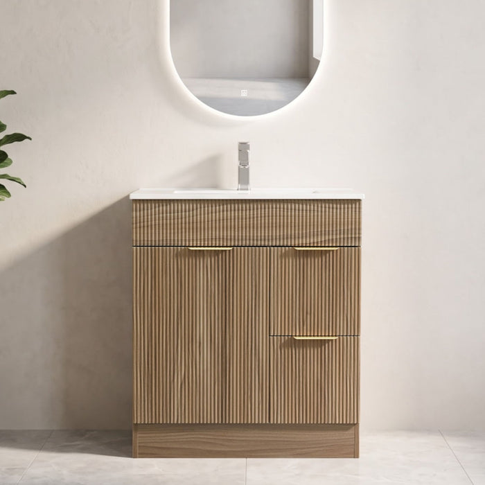 Bathroom Vanity With Sink, Freestanding Fluted Cabinet With 1 Door And 2 Drawers - Natural Walnut Home Essentials