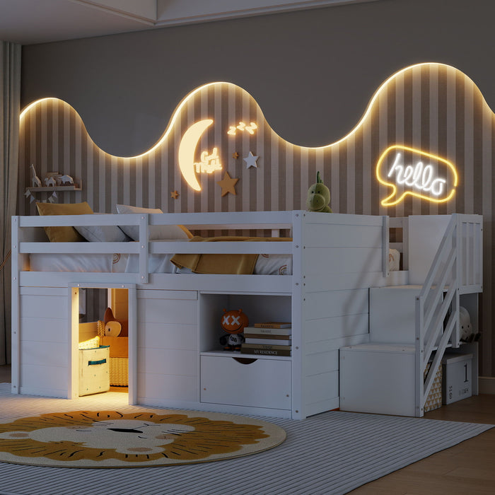Low Loft Bed Frame With Built In Stairs, Storage Drawer, Shelf And 7 Color LED Light Home Essentials