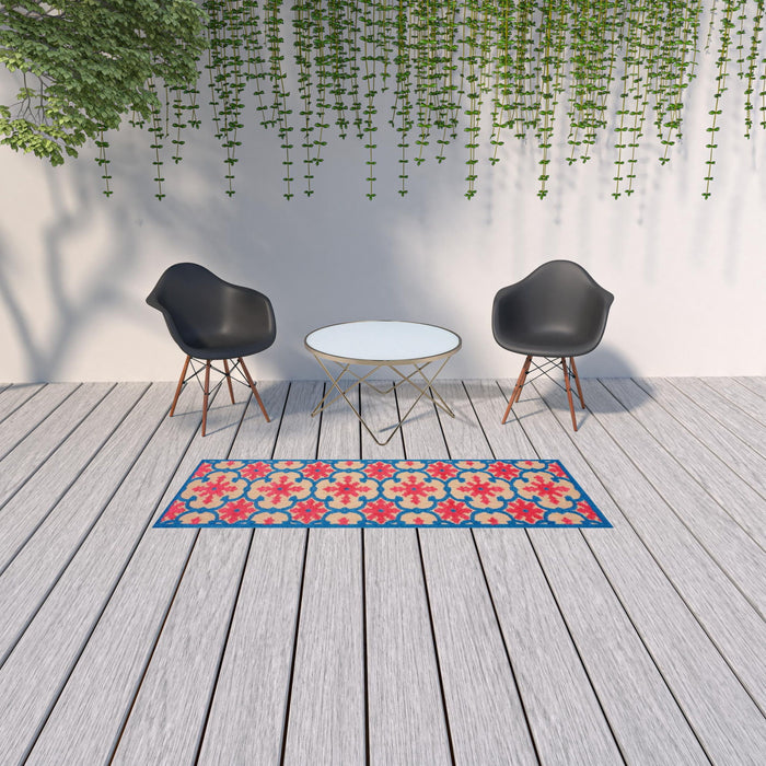 2' X 8' Oriental Stain Resistant Indoor / Outdoor Area Rug - Blue / Beige