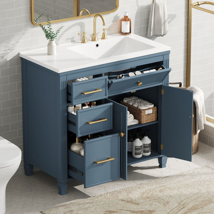 Modern Bathroom Vanity With Ceramic Sink, Freestanding, One Tip Out Drawer, 3 Side Drawers, Adjustable Shelf Noble House