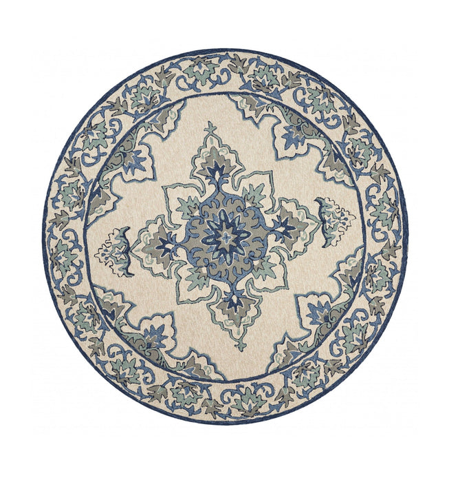 8' Hand Hooked UV Treated Floral Medallion Round Indoor / Outdoor Area Rug - Ivory Blue