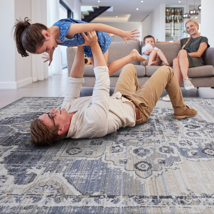 8' x 10' Medallion Non-Shedding Living Room Bedroom Dining Home Office Stylish And Stain Resistant Area Rug - Cream / Blue