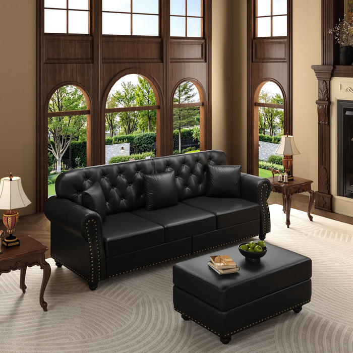 Upholstered Sofa With Nailhead Trim, Rolled Armrests With Ottoman Home Essentials