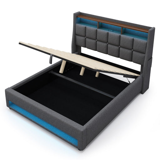 Platform Bed With Hydraulic Storage, LED Lighting & Charging Station Artistry At Home