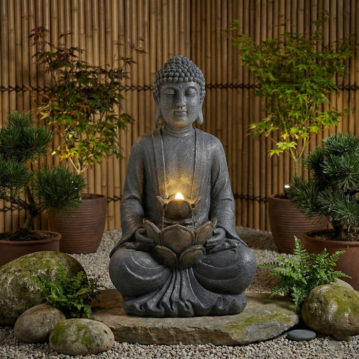 Zen - 2 Tier Meditating Buddha Water Fountain With Pump & LED Light - Gray Patioseek