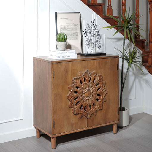 2 Door Accent Storage Cabinet With Floral Design, Sideboard For Living Room - Dark Brown Home Essentials