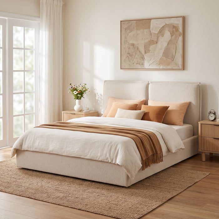 Double Pillow Upholstered Headboard, Skin Friendly Textured Fabric , Queen - Beige Noble House