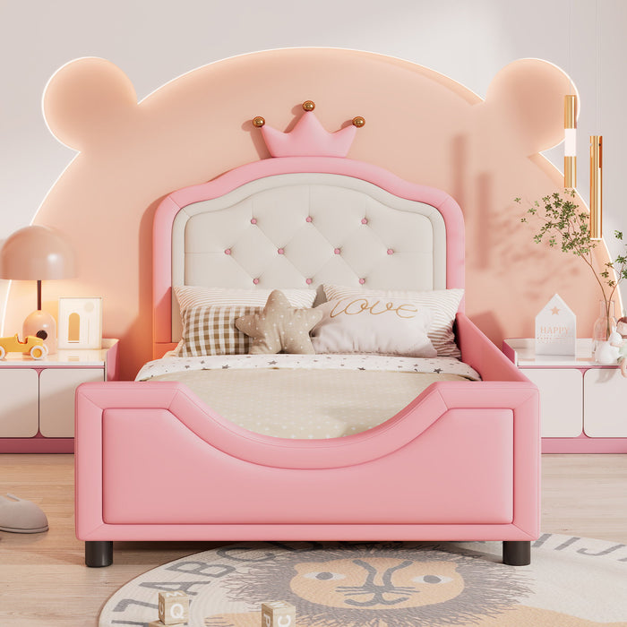 Twin Size Cute Princess Upholstered Daybed Low To The Ground Design With Button Tufted Crown Headboard For Kids - Pink
