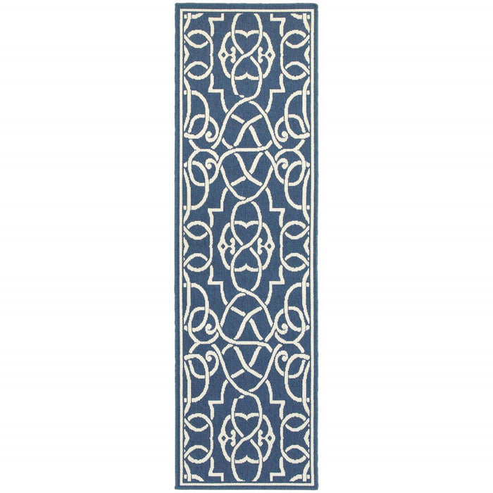 2' X 8' Geometric Stain Resistant Outdoor & Indoor Area Rug - Blue / Ivory