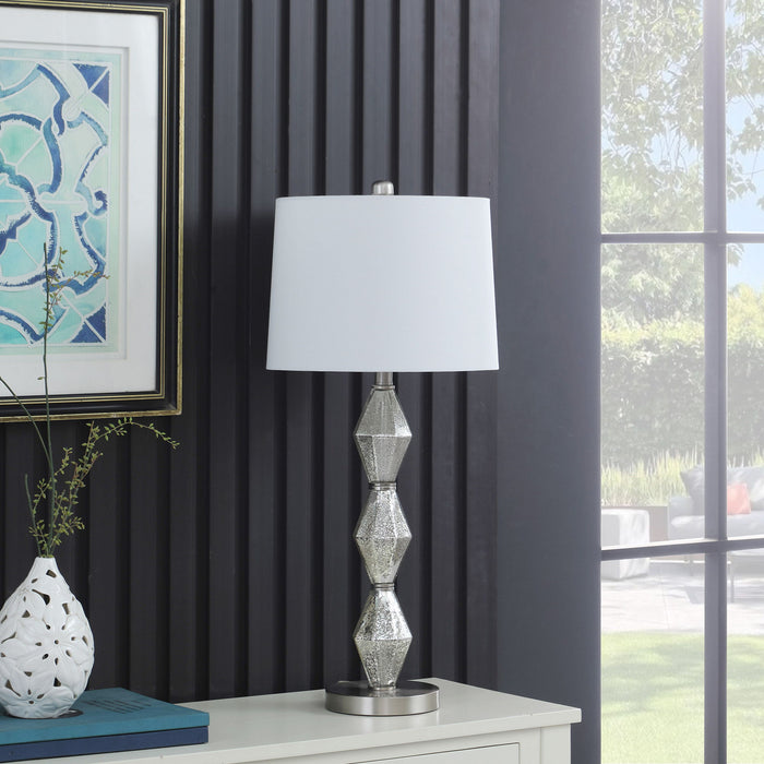 Geo Glass Table Lamp With White Shade - Brushed Silver