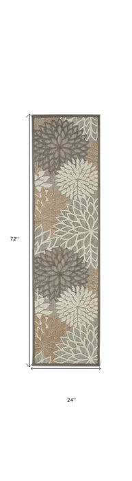 6' Runner Floral Indoor / Outdoor Area Rug - Gray / Ivory