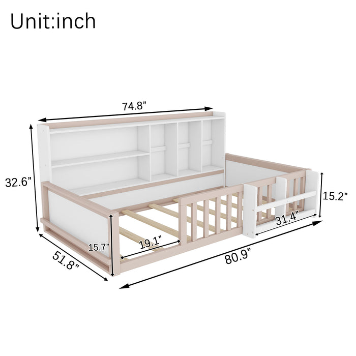 Platform Bed Frame With Guardrail, Storage Shelves & Bookshelf Home Essentials