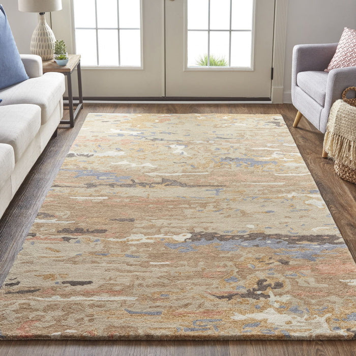 Abstract Tufted Handmade Stain Resistant Area Rug - Tan And Blue Wool - 10' X 14'