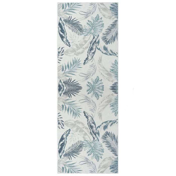 2' X 8' White Palm Leaf Stain Resistant Indoor / Outdoor Runner Rug - Blue / Serene