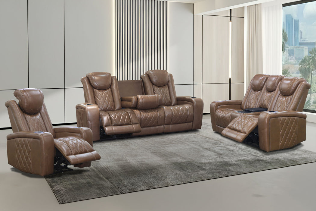 Dorian - Reclining Leather Loveseat With Power Headrest, Footrest And Cooler - Brown New Classic