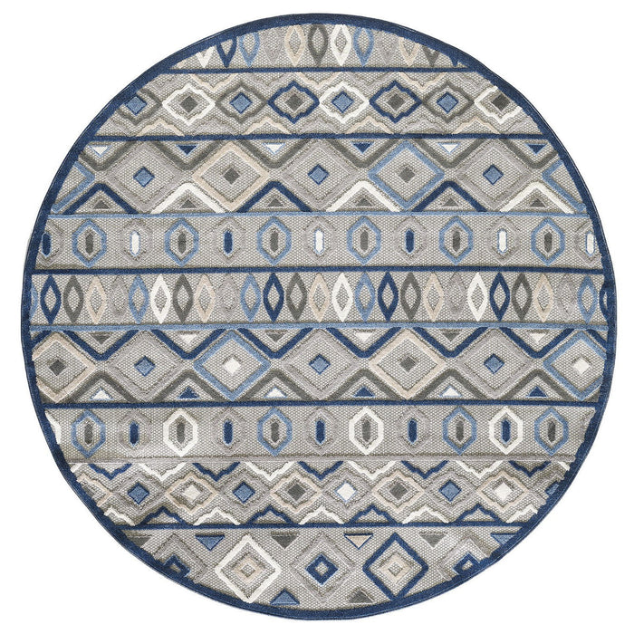 8' Round Round Abstract Stain Resistant Indoor / Outdoor Area Rug - Blue / Gray