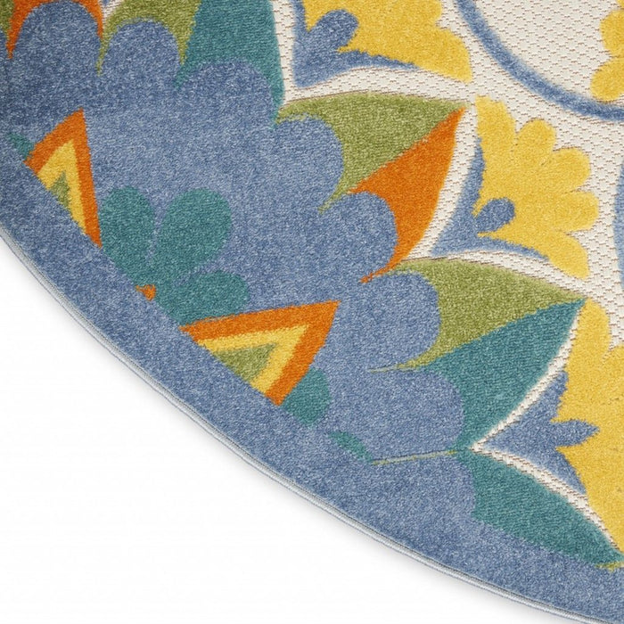 4' Round Round Floral Area Rug Outdoor / Indoor - Blue / Ivory