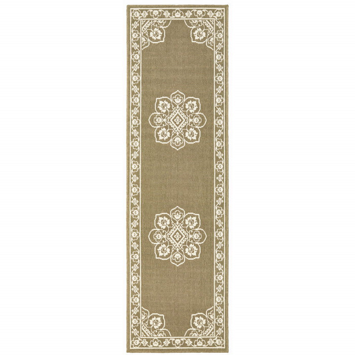 2' X 8' Oriental Stain Resistant Outdoor / Indoor Area Rug - Tan