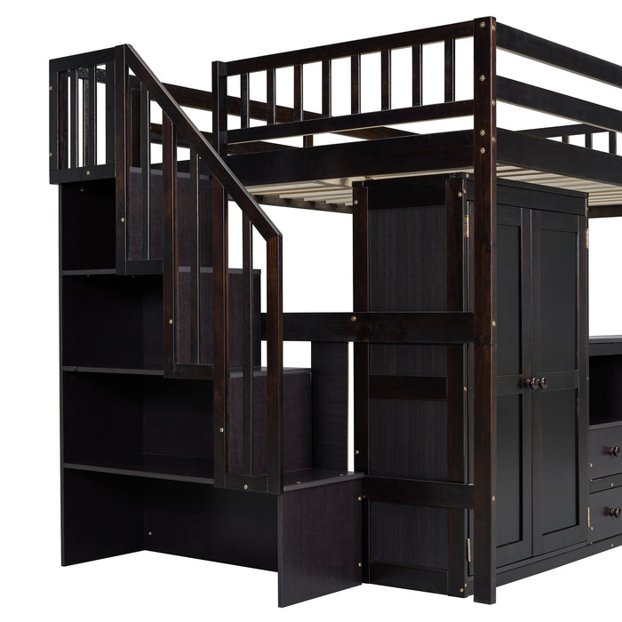 Loft Bed With Stairs, Bookshelf, Drawers, Desk & Wardrobe, Space Saving Multifunctional Furniture