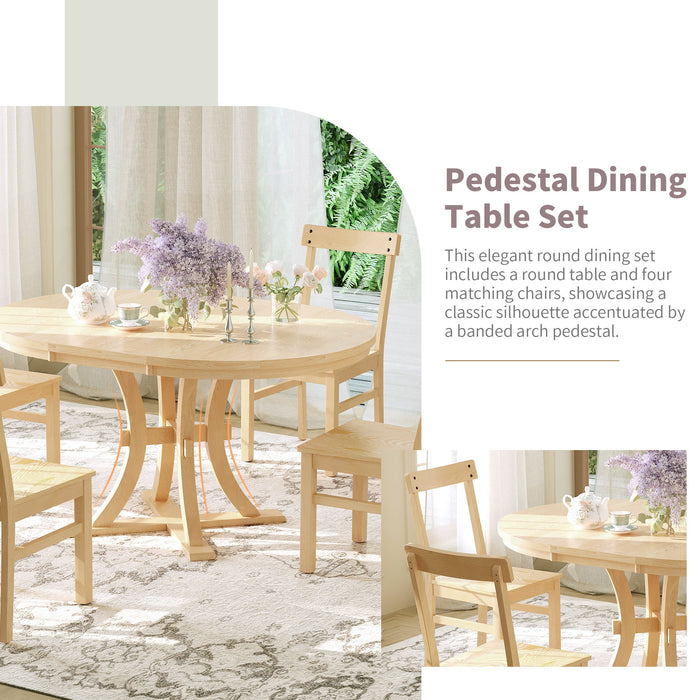 Topmax 5 Piece Rustic Round Pedestal Extendable Dining Table Set With 15.7" Removable Leaf And Simple Dining Chirs For Small Places, Natural