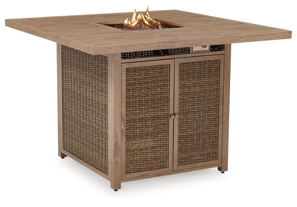 Walton Bridge - 5 Pc. - Square Bar Table W/Fire Pit, 4 Barstools - Driftwood Signature Design by Ashley®