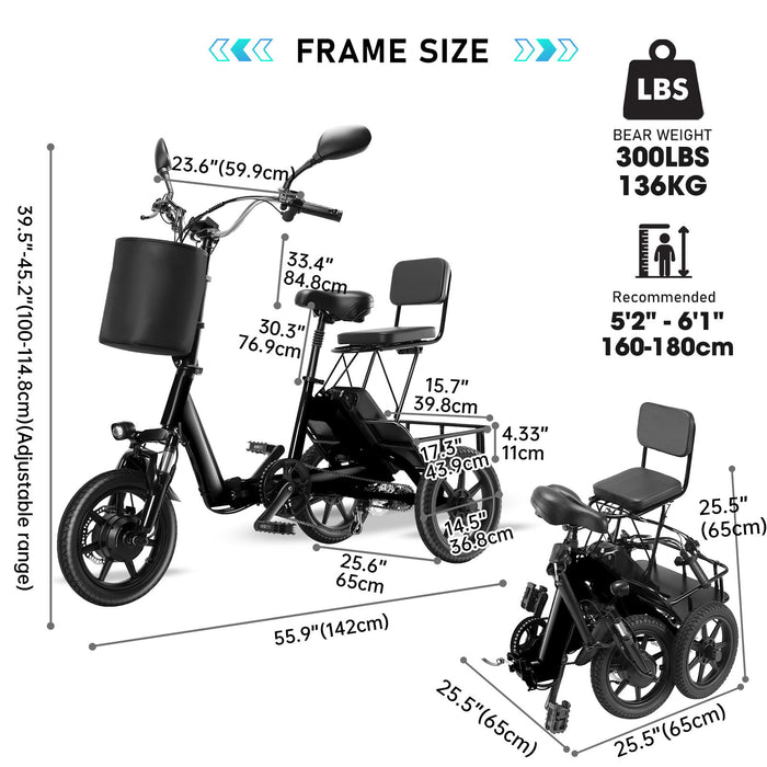 Folding Electric Trike With 350W Peak Motor, 480Wh Removable Battery, 2 Seat Design