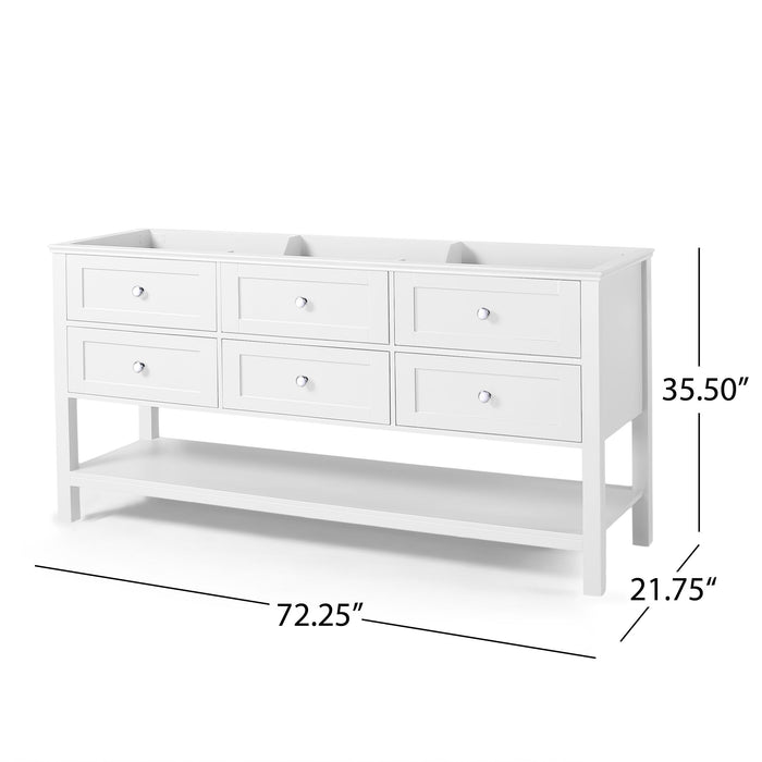 73'' Bathroom Vanity With Marble Top & Double Ceramic Sinks, 4 Drawers, Open Shelf, White