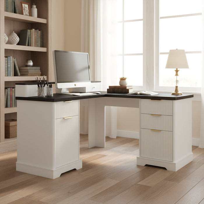 Fluted L-Shaped Desk With Charging Station & Storage Cabinet Home Essentials