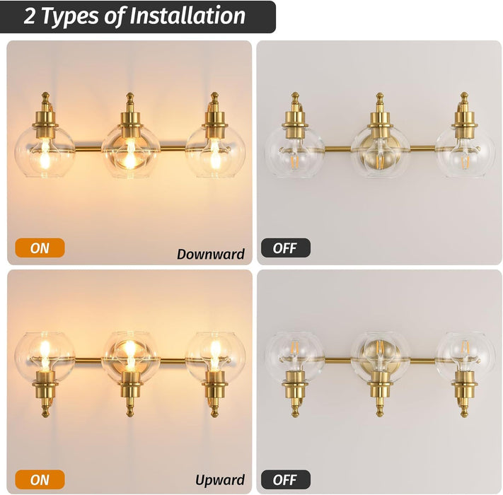 3 - Lights Bathroom Vanity Lighting Fixtures Brushed Gold Modern Vanity Light 22" Bathroom Light Fixture Bathroom Lights Over Mirror With Clear Glass Shade For Living Room, Kitchen (E26 Base) - Gold