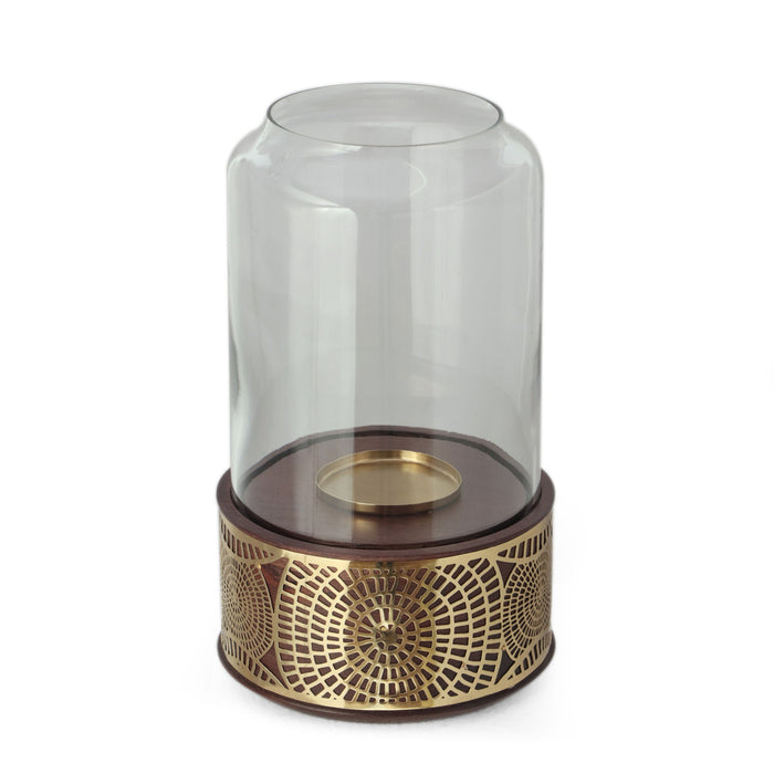 Boho Handcrafted Mango Wood Hurricane Candle Holder With Tempered Glass And Metal Accents - Brown