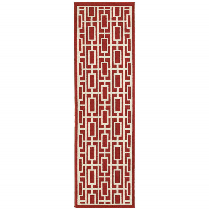 2' X 8' Geometric Stain Resistant Indoor & Outdoor Area Rug - Red / Ivory