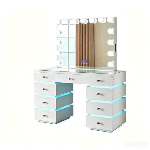 LED Lighted Makeup Vanity Desk With 15 Bulbs Mirror, RGB Light Drawers, 9 Drawers Dressing Table For Bedroom - Gloss White Home Essentials